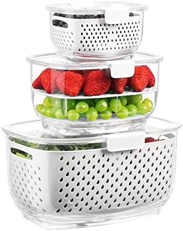 Fresh Produce Vegetable Fruit Storage Containers 3Piece Set, BPA-free, Partitioned Salad Container, Fridge Organizers, Used in Storing Fruits Vegetables, White