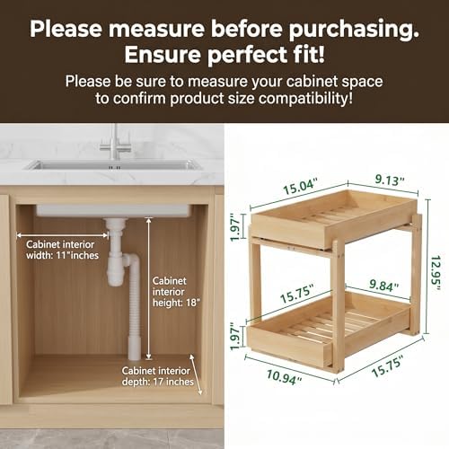 Bamboo Under Sink Organizer Adjustable Height 2 Tier Bathroom Organizer