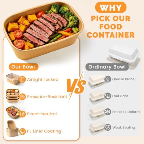 50 Pack 29oz Large Disposable Meal Prep Containers With Lids and Forks, Leak-Proof, Freezer & Microwave Safe Take Out Containers, Sturdy Disposable Kraft Bowls For Salad, Noodles & Meal Prep