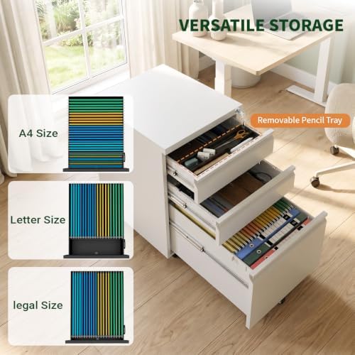 3 Drawer Metal File Cabinet with Lock & Rolling Casters
