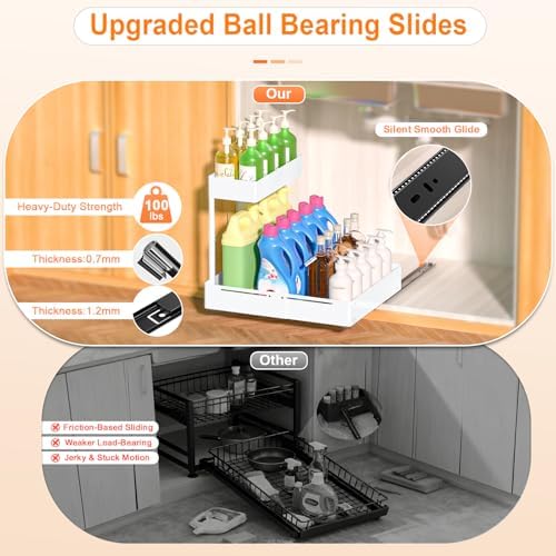 2 Pack Expandable Under Sink Organizer, 2 Tier Pull Out Cabinet Organizer with Smooth Ball Bearing Slides, Adjustable Height Cabinet Storage Shelves for Kitchen, Bathroom, Laundry, Pantry