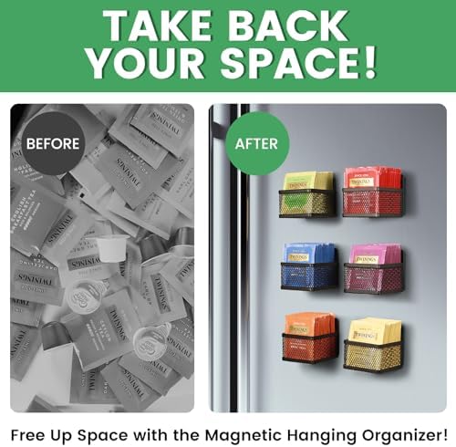 Magnetic Tea Bag Organizer - 6-Piece Metal Tea Organizer for Refrigerator, Kitchen Shelf and Counter, Stylish & Space Saving Tea Organizers and Storage