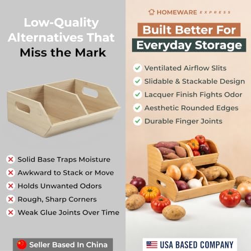 Potato and Onion Storage Bin, Stackable Bamboo Pantry Organizer and Storage
