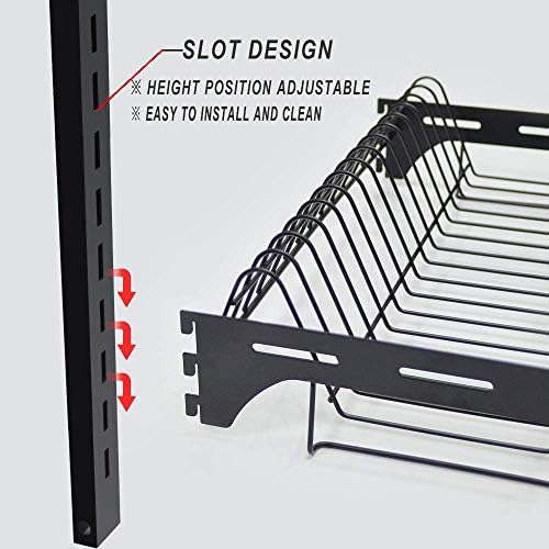 Kitchen Dish Rack,Hanging Dish Drying Rack Organizer Storage Shelf Over Sink,2 Tier Wall Mount Bowl Holder with Drain Tray and Silverware Stainless Steel Black Coating Ajustable Height