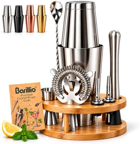 Elite Mixology Bartender Kit with Stand - Cocktail Shaker Set with Bamboo Stand, Boston Drink Shaker, Mojito Muddler, and Drink Mixer Spoon - 9-Piece Bar Tools Set - Bar Accessories for Home