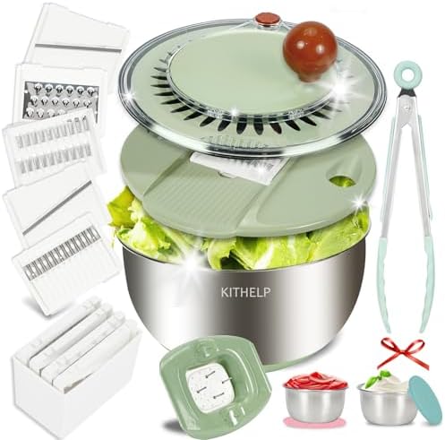 KITHELP Stainless Steel Salad Spinner Large 5.3Qt, Lettuce Spinner Dryer with 5 Blades Slicer, Vegetable Spinners, Lettuce Spinner, Fruit Washer Bowl with Strainer, Non-Slip Base, Dishwasher Safe by KITHELP