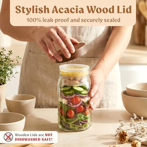 Glass Salad Jars with Acacia Lids, 4 Pack 32oz Meal Prep