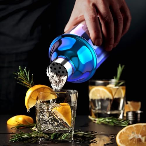 Cocktail Shaker Bar Set, 24oz Martini Shaker with Built-in Strainer, Bar Tool Kit with Recipes Booklet, Professional Stainless Steel Large Bartender Drink Shaker Margarita Alcohol Mixer-Rainbow