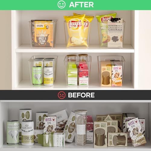 6 Pack Clear Plastic Storage Bins with Handles, 11" Pantry Organizers, BPA-Free