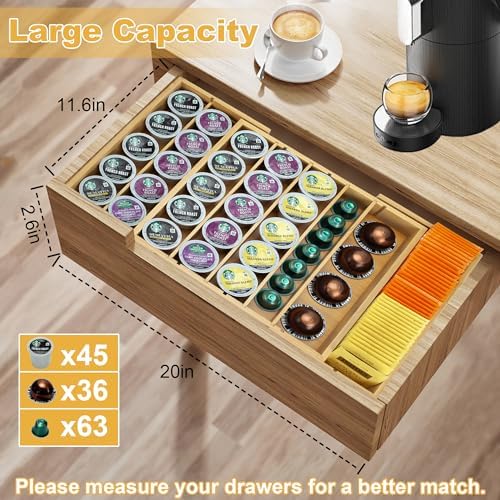 Bamboo K Cup Holder for Drawer or Countertop Coffee Pod Holder Expandable K Cup Pod Storage Tea bag organizer K Cup Storage for Coffee Station Home Office and Kitchen, Natural