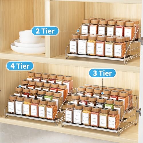 Spice Organizer for Cabinet, Adjustable Depth Spice Shelf - Chrome