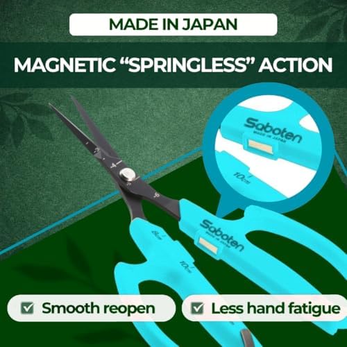 Saboten Japanese Harvesting Shears, Magnetic Springless, Fine-Tip Angled Blade, Fluorine-Coated Steel, Non-Slip Grip, Safety Lock, Made in Japan (Turquoise)