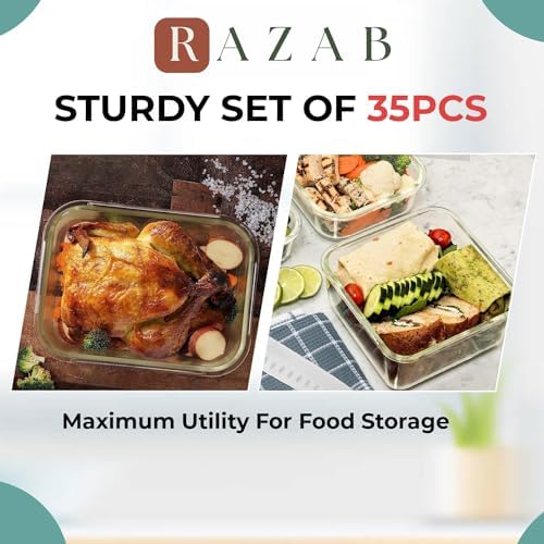 35 Pc Set Glass Food Storage Containers with Lids - Meal Prep Airtight Bento Boxes BPA-Free 100% Leak Proof (15 lids,15 glass & 5 Plastic Sauce/Dip Containers)