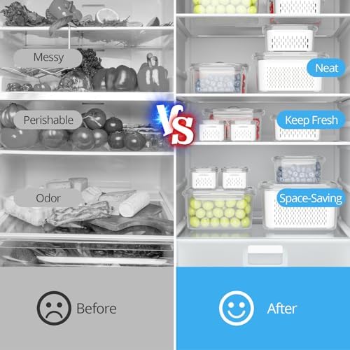 5 Pack Fruit Storage Containers for Fridge with Colander, Vent, Lid