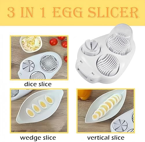 3 In 1 Egg Slicer For Hard Boiled Eggs, New Hard Boiled Egg Cutter Egg Slicer for Hard Boiled Eggs, Eggs Slicers 3 Ways for Strawberry, Mushroom, Grape, Cherry Tomato (Yellow + White)