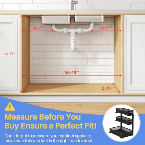 Under Sink Organizer, 3-Tier Thickened Metal Pull out Cabinet Organizer Shelf, Height Adjustable Slide out Storage Drawer Rack for Kitchen Bathroom Pantry Laundry Home Organization, 2-Pack, Black