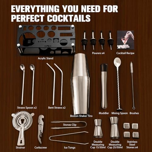Cocktail Shaker Set, 23 Piece Bartender Kit with Stand Silver