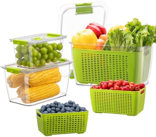 Fresh Container, 3PACK Produce Saver Container BPA Free Fridge Organizer for Vegetable Fruit and Salad Partitioned Food Storage Container with Vents Stay Fresh Containers Not Dishwashers Safe