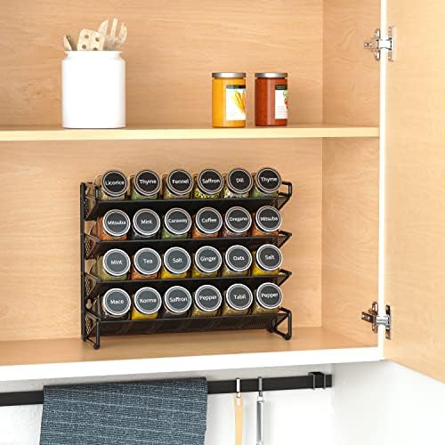 Spice Rack Organizer with 24 Spice Jars, 386 Spice Labels, Chalk Marker and Funnel Set for Cabinet, Countertop, Pantry, Cupboard or Door & Wall Mount -24 Jars, 11.8" W × 10.8" H, Black