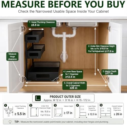 3 Tier Under Sink Organizer for Bathroom, Pull Out Drawers, 2 Pack