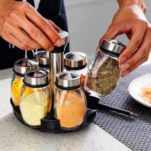 Rotating Spice Rack, 6PC Glass Spice Jars Suitable for kitchen countertops