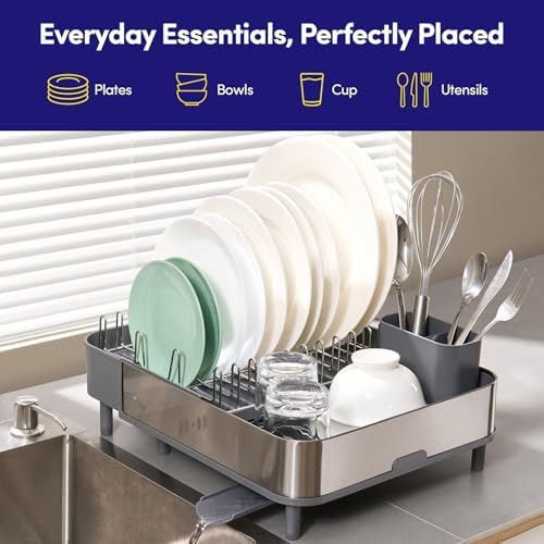 Dish Drying Rack Countertop Expandable Dish Drainer — Up to 20.5" Telescoping Premium Extending Drying Station Organizer with Drainboard, Removable Utensil Holder — Dish, Silverware & Cup Storage Gray