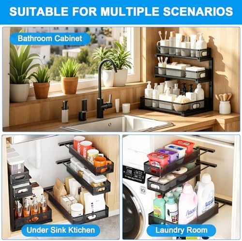 Under Sink Organizer,3-Tier Thickened Metal Pull out Cabinet OrganizerShelf