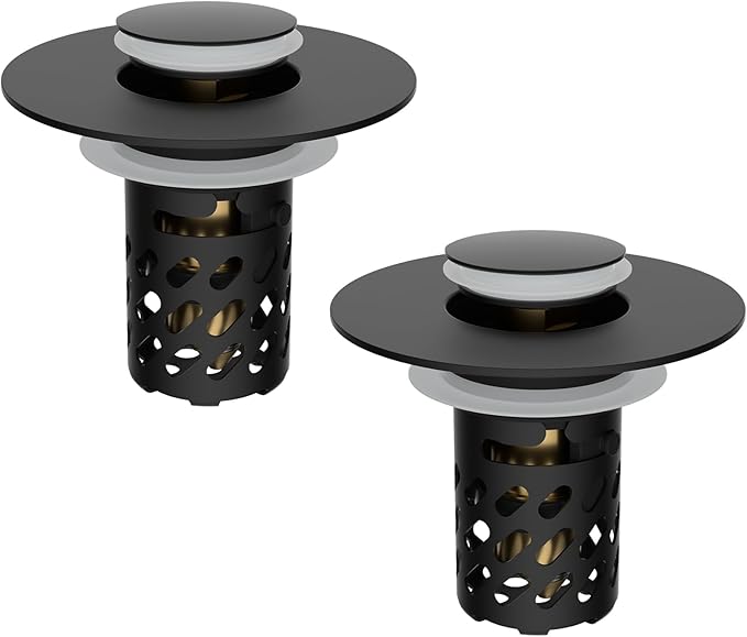iFealClear 2 Pack All Metal Bathroom Sink Stopper, Pop Up Sink Drain Strainer with Removable Stainless Steel Filter Basket, Universal for 1.1"-2.36" Sink, Brass Bounce Core, Hair Catcher, Matte Black