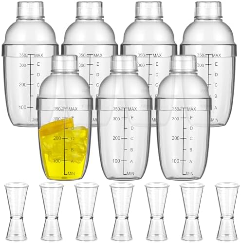 7 Pcs Plastic Cocktail Shaker Set Drink Mixer with Mark Clear Drink Cocktail Shaker and Measuring Jigger Set Ounce Cup Clear for Bar Party Home Use Wine Bar(11.8oz)