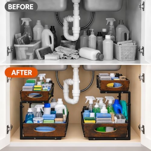 2 Pack Under Sink Organizer, Heavy Duty 2 Tier Pull Out Cabinet Organizer