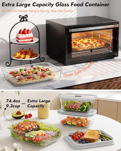 2 Pack Glass Food Storage Containers with Tempered Glass Lids & Steam Valve, 74oz(9.3 Cup) Airtight Leak-Proof Meal Prep Containers for Microwave/Oven/Freezer, Borosilicate Glass, Gift Box