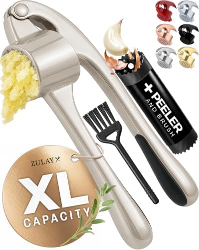 Metal Large Garlic Press, Garlic Mincer, Peeler-Brush, Silver