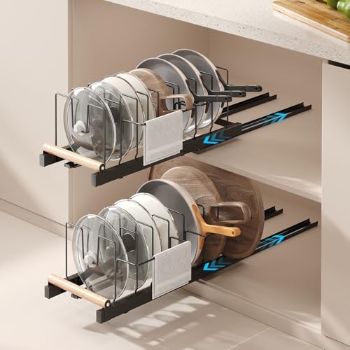 2 Pack Pull Out Pots and Pans Organizer Under Cabinet, 22" Deep Expandable Pot Lid Organizer and Storage with 10 Adjustable Dividers Adhesive Pot and Pan Holder Rack with Handle Bracket(Black)