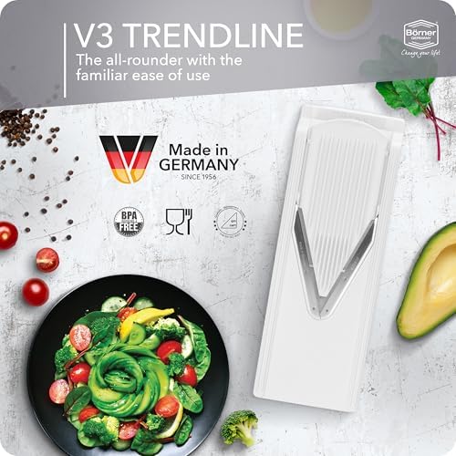 Mandoline Slicer V3 (Starter Set) • V-Slicer for 5 Cutting Styles with Fruit Holder • Adjustable Vegetable Slicer for Vegetables & Fruits • Stainless Steel V-Blade • Color: White