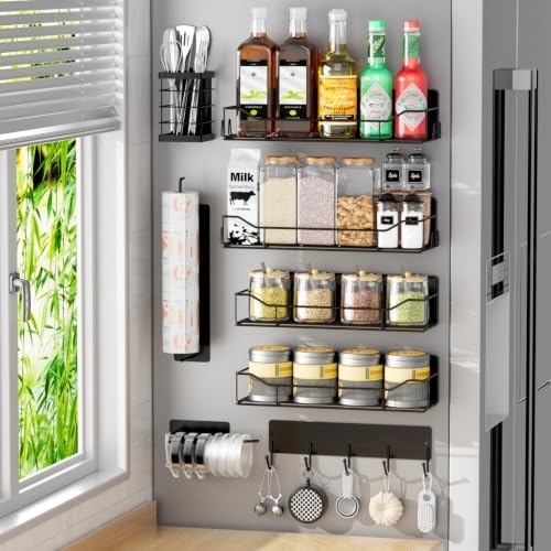 Magnetic Spice Rack for Refrigerator,8 Pack Magnetic Fridge Shelf, Moveable Spice Organizer with Hook Rack, Paper Towel Holder, Utensil Holder,cup lid holder, Super Magnetic Rack Set (Black)