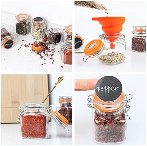 3.4 oz Small Glass Spice Jars with Lables, 24 Pack Empty Mini Square Spice Bottles with Airtight Flip Top Lids, Chalkboard Labels and Collapsible Funnel for Home and Kitchen