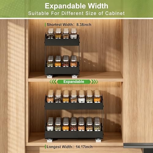 Expandable Pull Out Drawers For Shallow Cabinets, 2-Tier Slide Out No Drill Adhesive Kitchen Cabinet Organzier, Adjustable Roll Out Sliding Shelf For Short Upper Cabinet Pantry