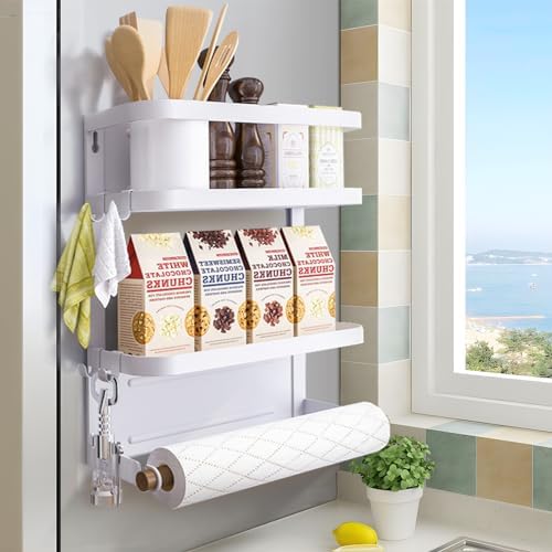Magnetic Spice Rack for Refrigerator White Magnetic Paper Towel Holder for fridge Magnetic Shelf Magnetic Shelves Fridge Magnet Organizer Spice Rack Kitchen Organization Kitchen Storage