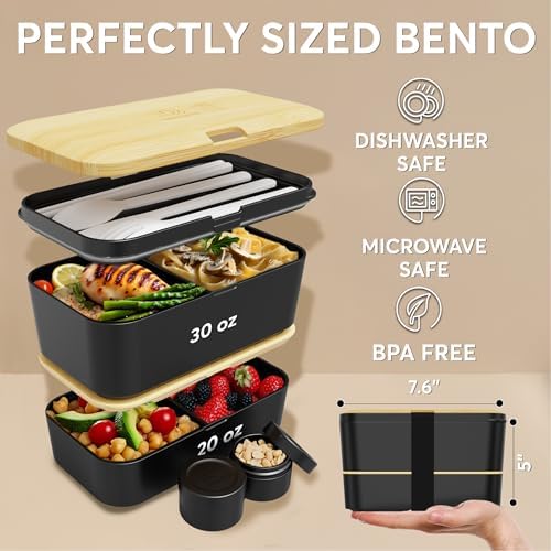 Bento Box Adult, Stackable Lunch Box, 50 oz, Black& Bamboo