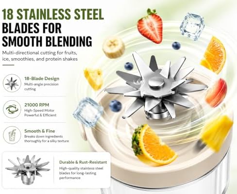 Portable Blender 2026 Model, 450ML, 18-Blade Powerful Smoothie Maker, USB Type-C Rechargeable, Ice Crushing Personal, 1500mAh Battery, 60W Motor, Travel Blender with Extra Jar & Lid - Image 3