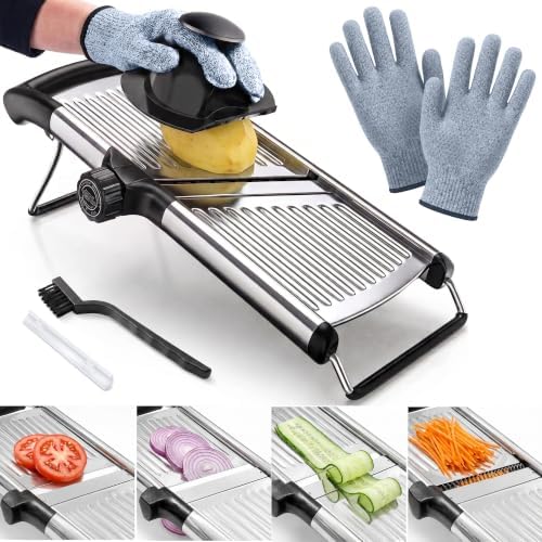SAFI Mandoline Slicer for Kitchen, Adjustable 3-9mm Stainless Steel Vegetable Slicer with Julienne Blade, Non-Slip Base, Safety Hand Guard, Cut-Resistant Gloves & Brush – Potato, Onion & Fruit Cutter. by SAFIofE-commerceLLC