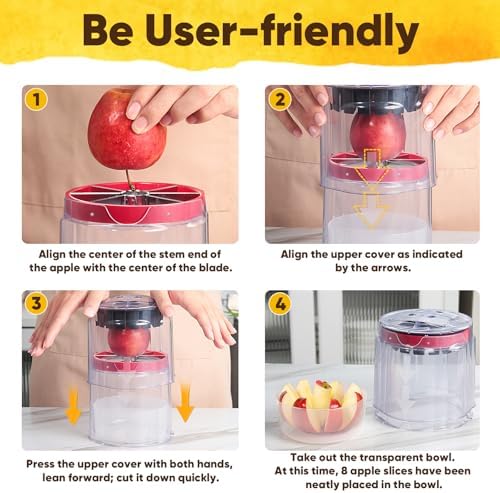 Newness 5.12-Inch Apple Slicer – Extra-Large, Ultra-Safe Stainless Steel Cutter for 8 Perfect Slices, Effortless Cutting, Cuts All the Way Through with Transparent Bowl