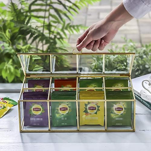 Glass Tea Bags Organizer with Lid, 8 Compartments, Teabag Storage Box