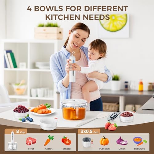 Glass Food Processor with 4 Blades & 4 Bowls (8 Cup + 3x0.5 Cup), Small Food Processor& Meat Grinder - Compact Design for Meal Prep, Baby Food, Sauces - Dishwasher Safe - Image 4