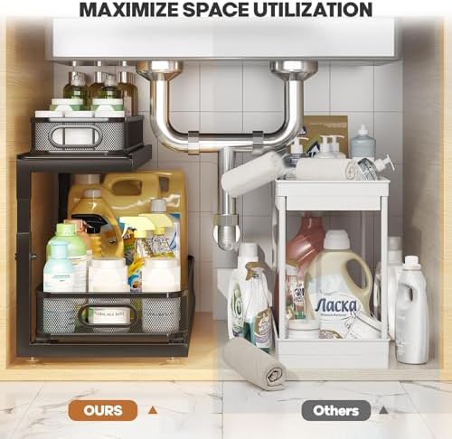 2-Pack 21.3 IN Depth Under Sink Organizer With Next-Gen Ball-Bearing Slides,Sophisticated Mesh 2-Tier Pull Out Shelf for Kitchen & Bathroom,Fits Small Items-Black
