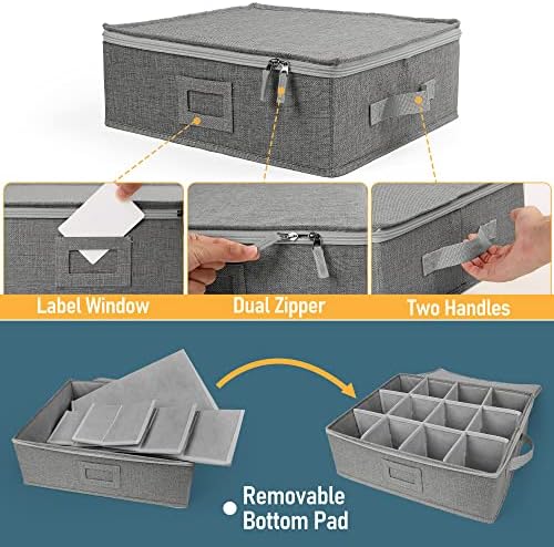 Cup and Mug Storage Container, Hard Shell, China Coffee Mug Storage Box for Moving, with Dividers & Handles, Holds 12 Tea Cups, Grey
