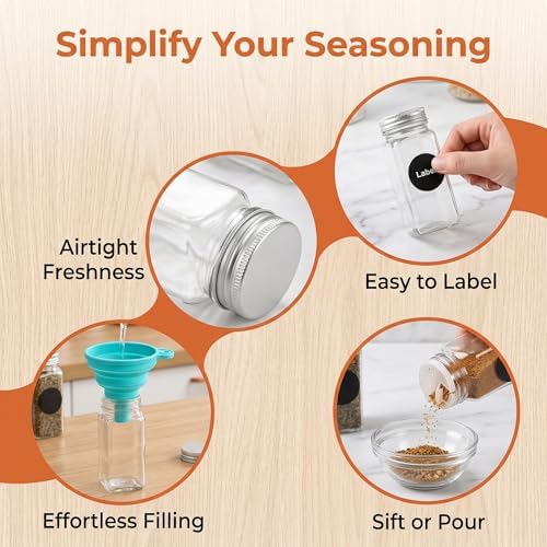 24 Pack Plastic Spice Jars, 4 oz Spice Bottle Square Seasoning Containers, Reusable Salt Pepper Shaker with Airtight Lid Labels and Funnel for Spice, Herbs, Powder and Glitters