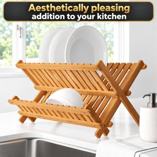 2-Tier Dish Drying Rack, Bamboo Dish Drainer for Kitchen Counter