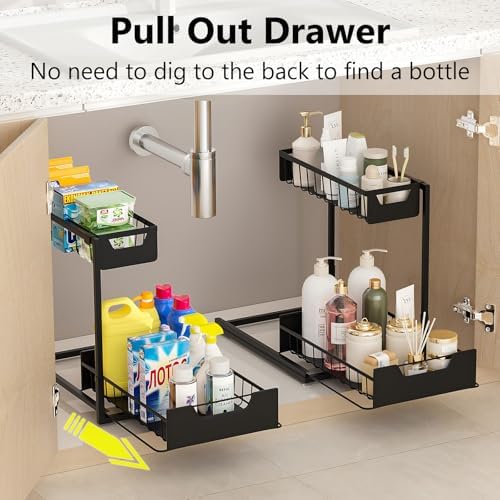 Under Kitchen Sink Organizers and Storage, Black, 2 Pack