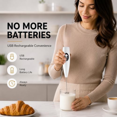 Rechargeable Milk Frother Handheld, Hand Mixer Wand with 3-Speed, Digital Display Drink Mixer Wand, Coffee Frother Handheld for Cappuccino Latte, Portable Hand Mixer (White) - Image 5